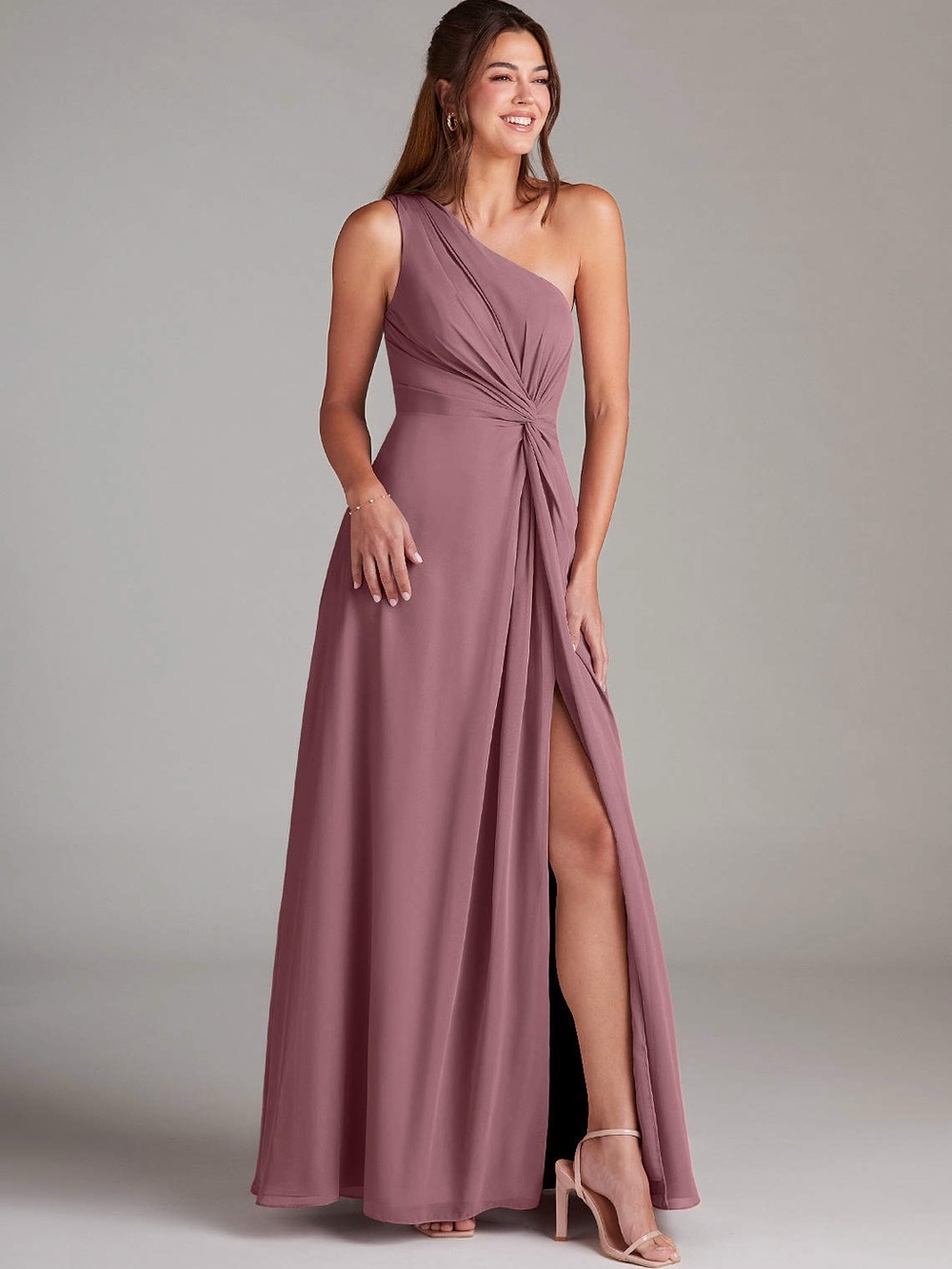 NWT Azazie A-Line One Shoulder Mesh Floor-Length Dress Desert Rose